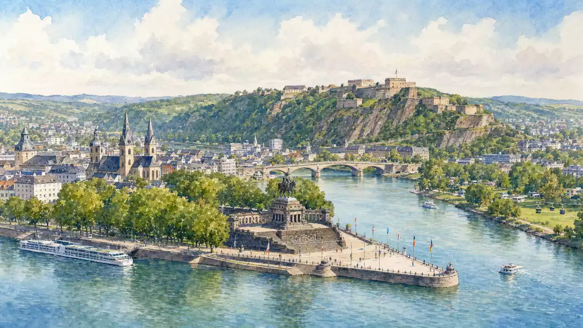 Aquarell-Panorama Koblenz mit Festung Ehrenbreitstein, Rhein und Mosel