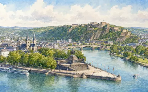 CompuGroup Medical hat seinen Hauptsitz in Koblenz, hier als Aquarell-Stadtpanorama an Rhein und Mosel, DE000A288904 - Foto: THN