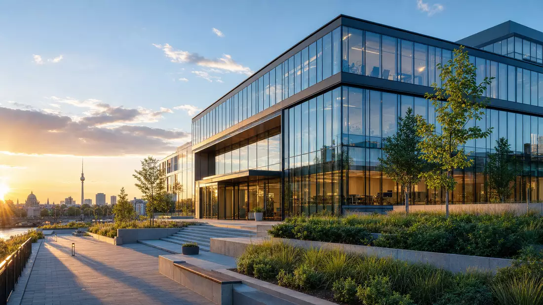 Architektur-CGI-Render modernes Glas-Stahl Unternehmensgebäude bei Sonnenuntergang