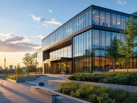 CompuGroup Medical repräsentiert moderne Gesundheits-IT durch futuristisches Bürogebäude-Render in Deutschland, ISIN DE000A288904 - Foto: THN