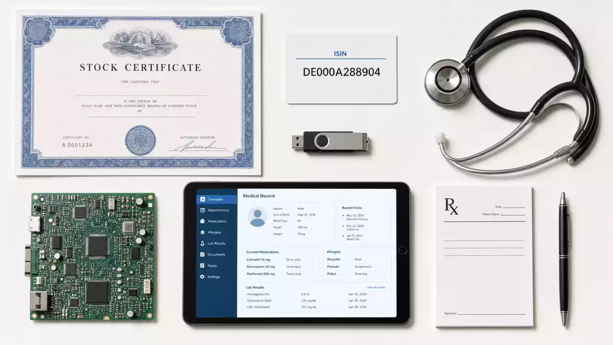 Flatlay Aktienzertifikat ISIN DE000A288904, Stethoskop, Tablet mit Patientenakte