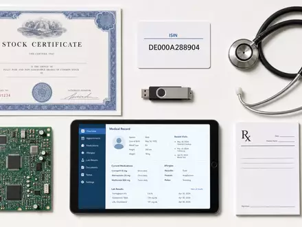 CompuGroup Medical Aktie DE000A288904 als Flatlay mit Aktienzertifikat, ISIN-Karte und medizinischen Digitalgeräten - Foto: THN