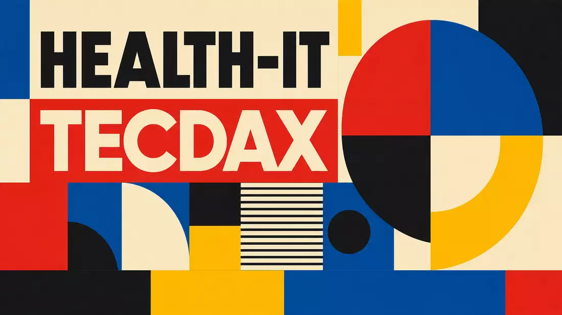 Bauhaus-Poster geometrisch mit Text HEALTH-IT und TECDAX in Primärfarben