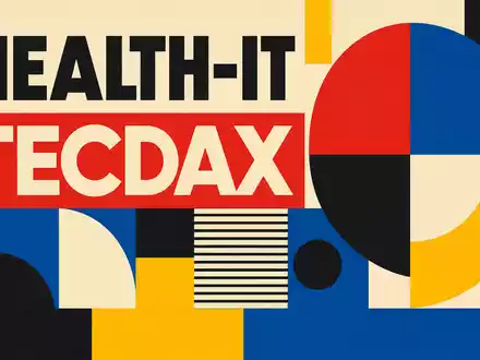 CompuGroup Medical im Bauhaus-Stil mit geometrischen Formen und HEALTH-IT sowie TecDAX Sektortext, ISIN DE000A288904 - Foto: THN