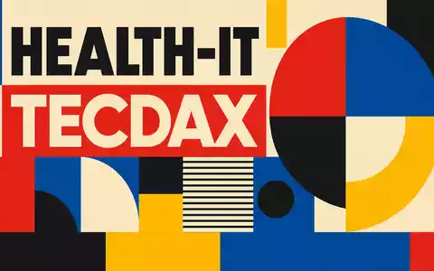 CompuGroup Medical im Bauhaus-Stil mit geometrischen Formen und HEALTH-IT sowie TecDAX Sektortext, ISIN DE000A288904 - Foto: THN