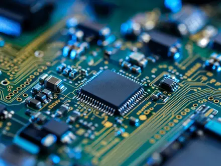 CompuGroup Medical Gesundheits-IT basiert auf Mikroelektronik, Makro-Detail einer Leiterplatte mit Chips, ISIN DE000A288904 - Foto: THN