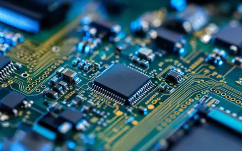 CompuGroup Medical Gesundheits-IT basiert auf Mikroelektronik, Makro-Detail einer Leiterplatte mit Chips, ISIN DE000A288904 - Foto: THN