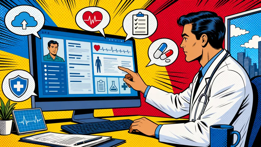 Pop-Art-Comic Arzt nutzt digitale Patientenakte auf Computer mit Sprechblasen