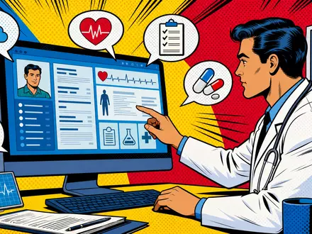 CompuGroup Medical digitale Gesundheitssoftware als farbiger Pop-Art-Comic mit Arzt und elektronischer Patientenakte, DE000A288904 - Foto: THN
