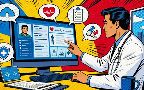 CompuGroup Medical digitale Gesundheitssoftware als farbiger Pop-Art-Comic mit Arzt und elektronischer Patientenakte, DE000A288904 - Foto: THN
