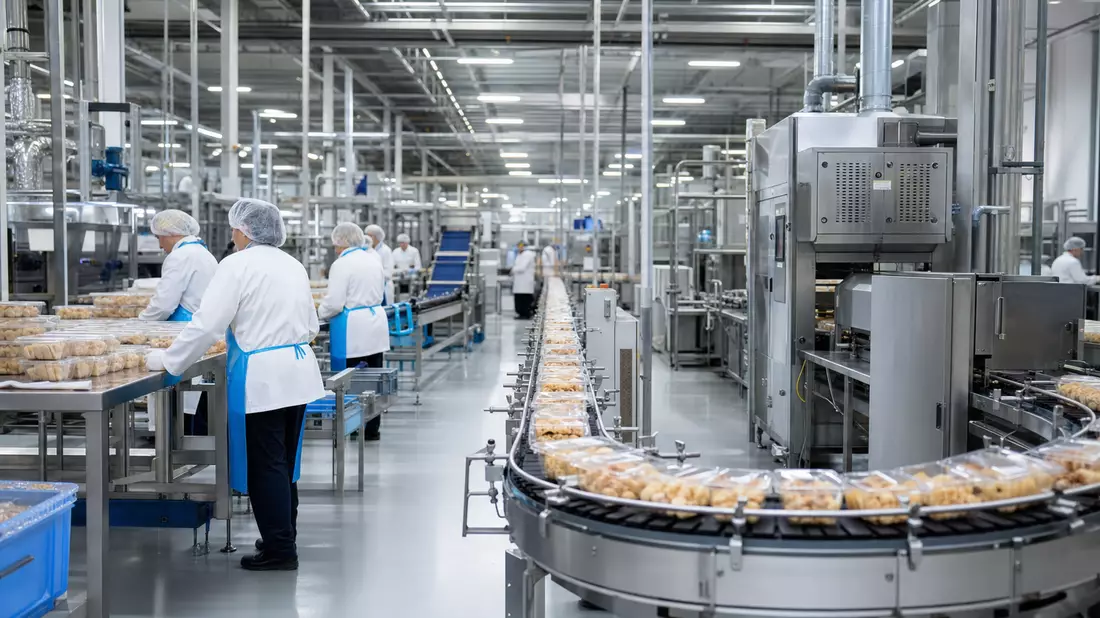 Fotoreale Lebensmittelfabrik mit Förderband und Mitarbeitern in Schutzkleidung