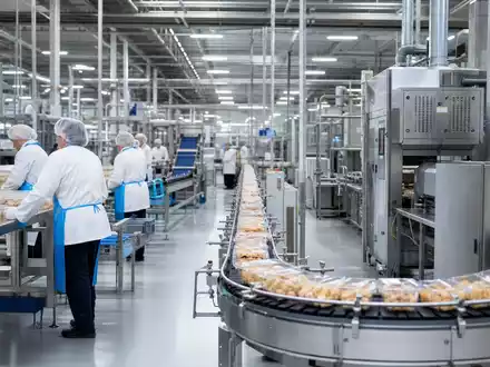 Conagra Brands US2058871029 zeigt eine automatisierte Lebensmittelproduktionslinie mit modernem Förderband und Arbeitern - Foto: THN
