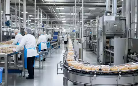 Conagra Brands US2058871029 zeigt eine automatisierte Lebensmittelproduktionslinie mit modernem Förderband und Arbeitern - Foto: THN