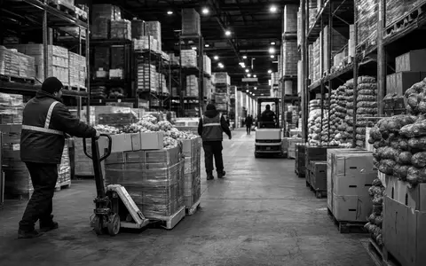 Conagra Brands US2058871029 als dokumentarische Schwarz Weiß Reportage mit Arbeitern in einem großen Lebensmittellager - Foto: THN