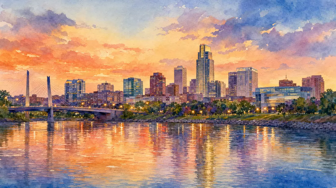 Aquarell-Gemälde der Omaha-Skyline bei Sonnenuntergang mit Missouri-Fluss-Spiegelung