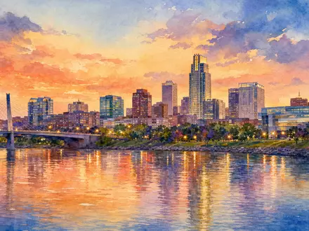 Conagra Brands US2058871029 Firmensitz in Omaha Nebraska als farbiges impressionistisches Aquarell der Stadtsilhouette - Foto: THN