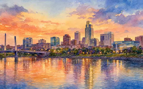Conagra Brands US2058871029 Firmensitz in Omaha Nebraska als farbiges impressionistisches Aquarell der Stadtsilhouette - Foto: THN