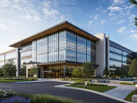 Conagra Brands US2058871029 zeigt ein modernes Firmen Hauptquartier in einem professionellen Architektur Render mit Glasfassade - Foto: THN