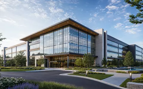Conagra Brands US2058871029 zeigt ein modernes Firmen Hauptquartier in einem professionellen Architektur Render mit Glasfassade - Foto: THN