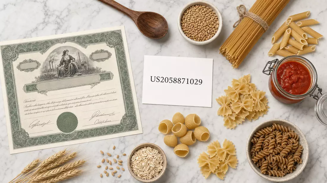 Draufsicht Flatlay mit Aktienzertifikat, ISIN-Karte und Nudeln sowie Küchenutensilien