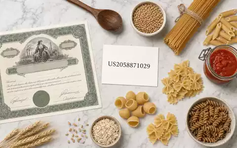 Conagra Brands US2058871029 Flatlay Arrangement mit Aktien Zertifikat ISIN Karte Nudeln und branchentypischen Lebensmittel Utensilien - Foto: THN