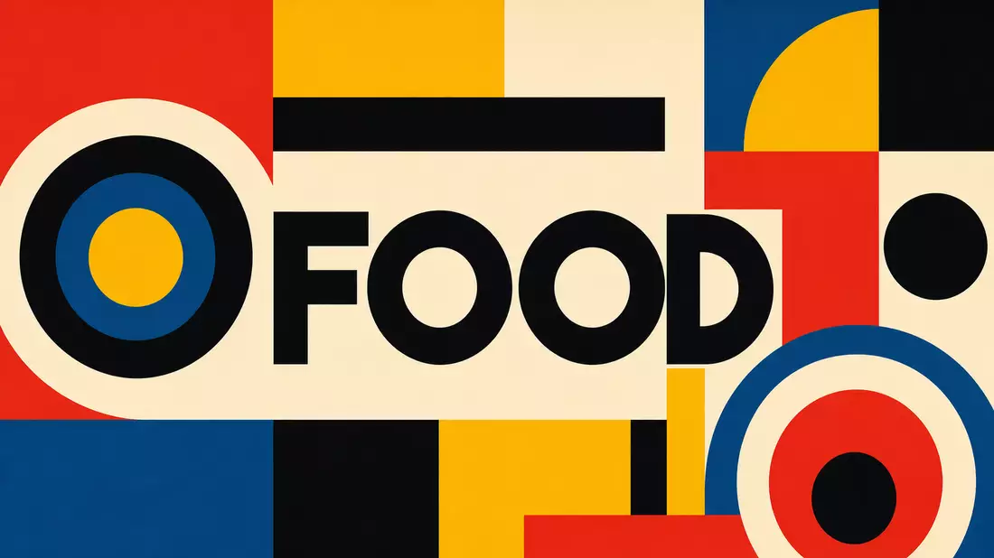 Bauhaus-Poster mit geometrischen Formen in Primärfarben und dem Schriftzug FOOD
