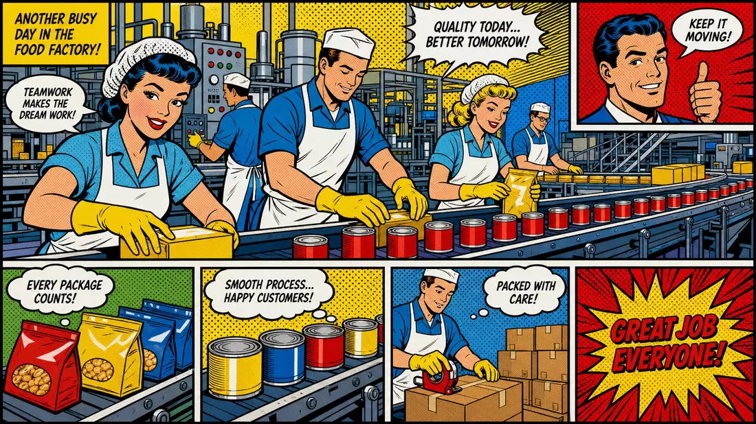 Pop-Art-Comicszene mit Fabrikarbeitern an einer Lebensmittel-Produktionslinie im Lichtenstein-Stil