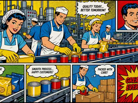 Conagra Brands US2058871029 als farbiger Pop Art Comic mit Fabrikarbeitern und Konserven auf dem Förderband - Foto: THN