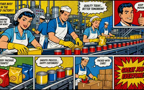 Conagra Brands US2058871029 als farbiger Pop Art Comic mit Fabrikarbeitern und Konserven auf dem Förderband - Foto: THN