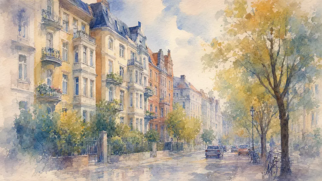 Aquarellmalerei einer baumgesäumten Wohnstraße mit Berliner Gründerzeitgebäuden