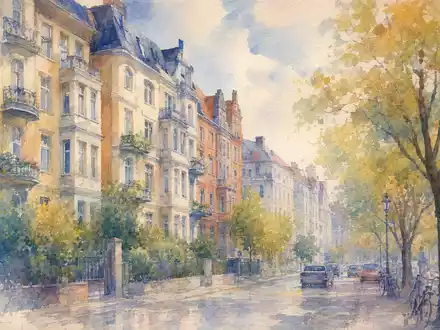 Grand City Properties LU0775917882 als stimmungsvolles Aquarell einer Berliner Wohnstraße mit historischen Gründerzeit-Gebäuden - Foto: THN