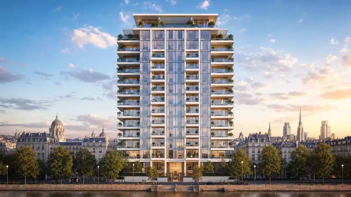 Architektur-Render eines gläsernen modernen Wohnhochhauses mit Balkons bei Abendsonne