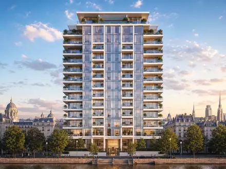 Grand City Properties LU0775917882 präsentiert modernen Wohnturm mit Glasfassade als architektonisches CGI-Render bei Sonnenuntergang - Foto: THN
