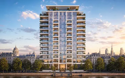 Grand City Properties LU0775917882 präsentiert modernen Wohnturm mit Glasfassade als architektonisches CGI-Render bei Sonnenuntergang - Foto: THN