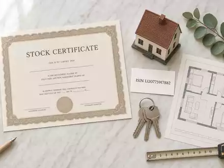 Grand City Properties LU0775917882 Flatlay mit Aktienzertifikat, ISIN-Karte, Hausmodell und Immobilien-Utensilien auf Marmor - Foto: THN