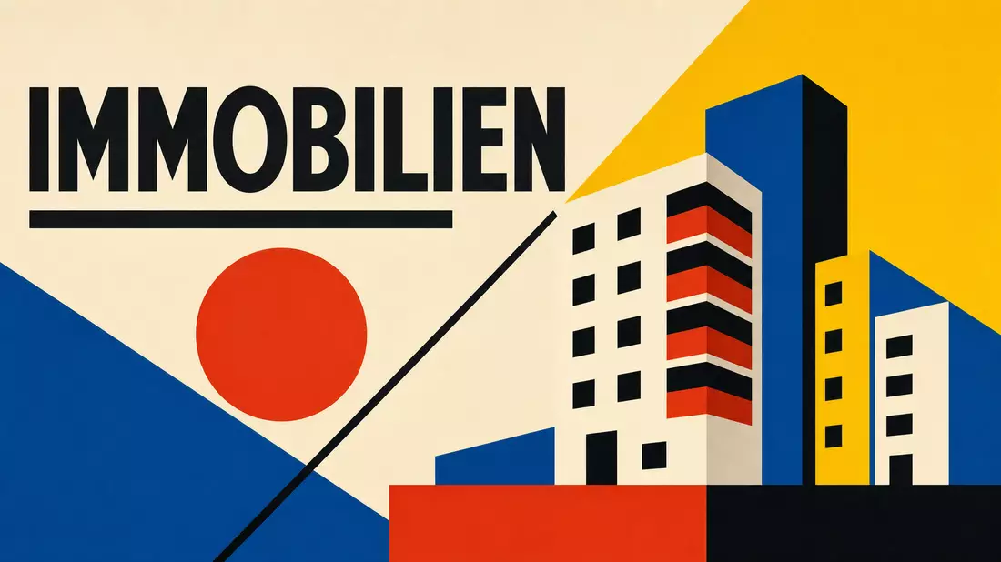 Bauhaus-Poster mit geometrischen Formen, Wohngebäude-Silhouetten und Text IMMOBILIEN