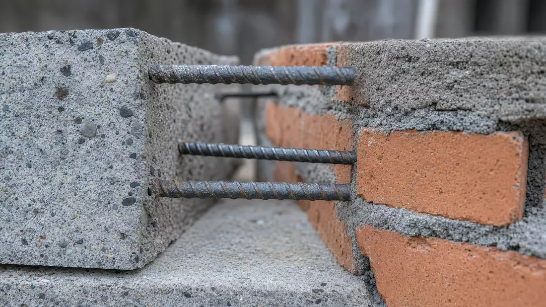 Makrofoto von Betonsteinen und Stahlbewehrungsstäben als Baumaterial-Detailaufnahme