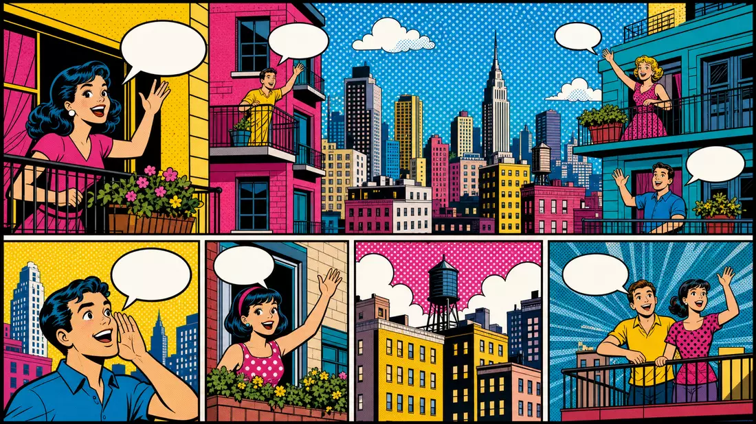 Pop-Art-Comic-Illustration einer farbenfrohen Großstadtszene mit winkenden Mietern auf Balkonen