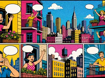 Grand City Properties LU0775917882 als bunter Pop-Art-Comic mit Stadtszene und Mietern auf Balkonen im Retro-Stil - Foto: THN