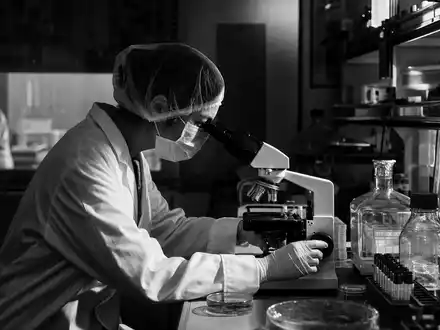 Gilead Sciences ISIN US3755581036 Schwarzweiß-Reportage Forscherin untersucht Zellkulturen am Mikroskop im Labor - Foto: THN
