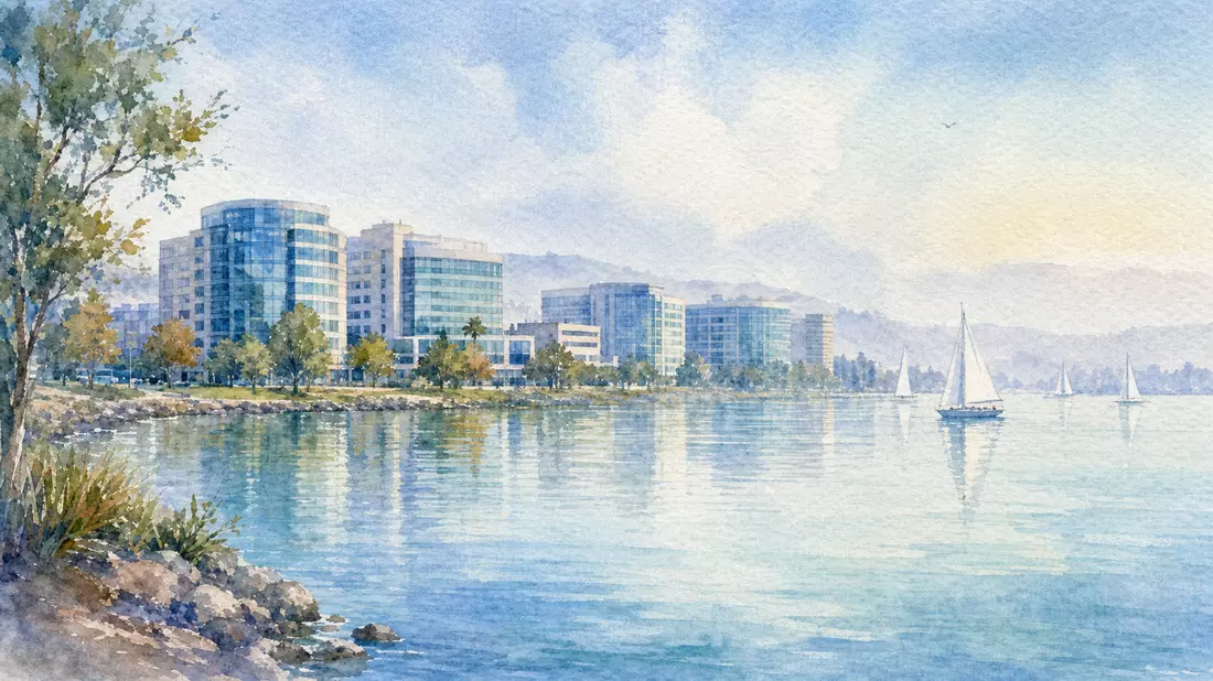 Aquarell der Foster City Skyline mit Biotech-Campus von Gilead Sciences am Wasser