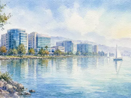 Gilead Sciences Aquarell US3755581036 Skyline Foster City Biotech-Büropark mit Segelbooten am Morgen - Foto: THN
