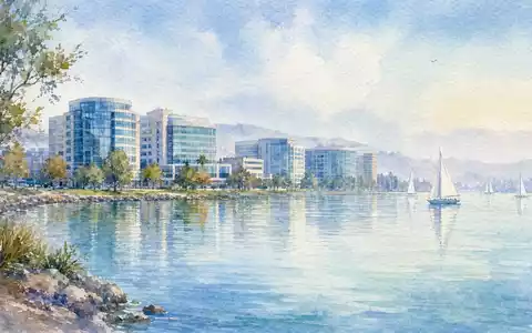 Gilead Sciences Aquarell US3755581036 Skyline Foster City Biotech-Büropark mit Segelbooten am Morgen - Foto: THN