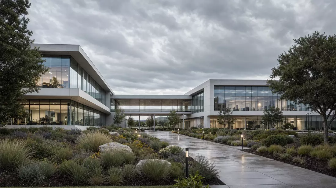 CGI-Architekturrender des modernen Gilead Sciences Pharmakampus mit Glas und Beton