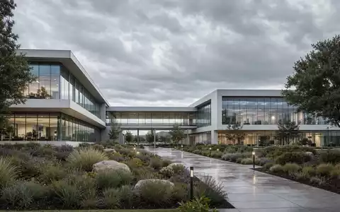 Gilead Sciences Architektur-Render ISIN US3755581036 moderner Pharma-Hauptsitz aus Glas Beton und nativer Bepflanzung - Foto: THN