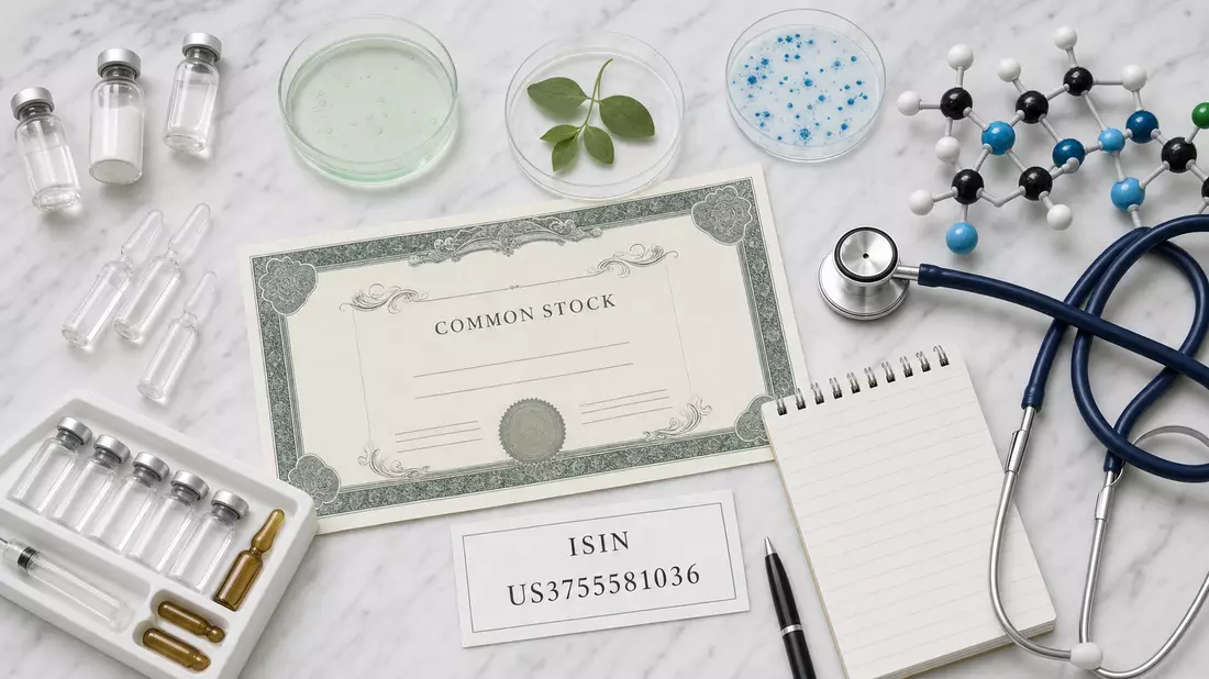Flatlay mit Aktienzertifikat ISIN US3755581036 Gilead Sciences Labormaterialien auf Marmor
