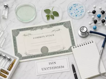 Gilead Sciences Flatlay ISIN US3755581036 Aktienzertifikat ISIN-Karte Ampullen Molekülmodell Stethoskop weißer Marmor - Foto: THN
