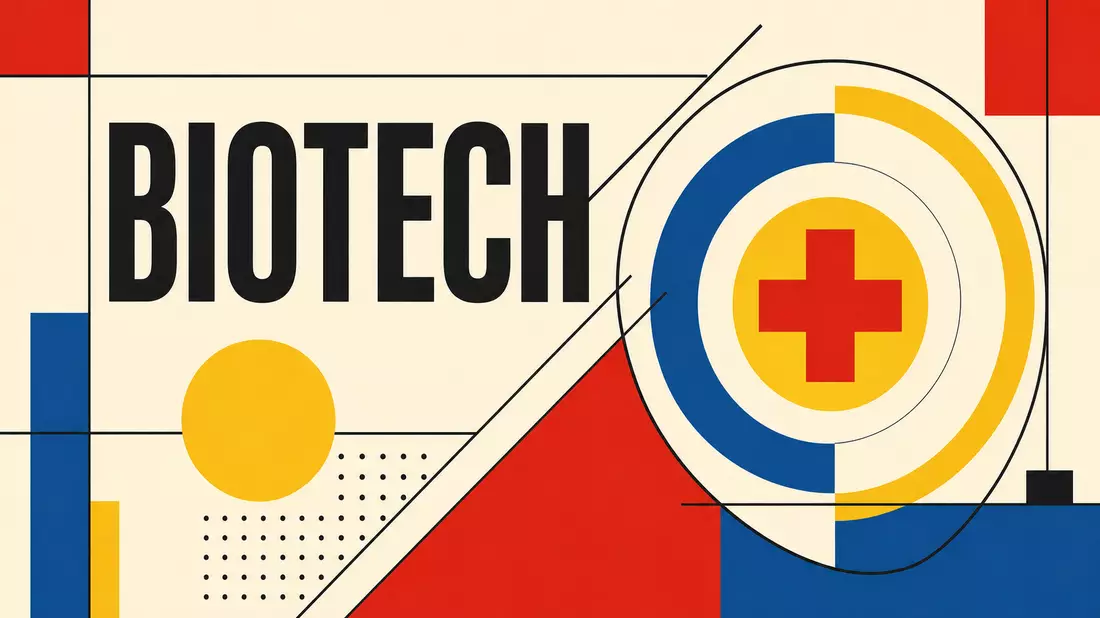 Bauhaus-Poster BIOTECH mit geometrischen Formen und Primärfarben für Gilead Sciences