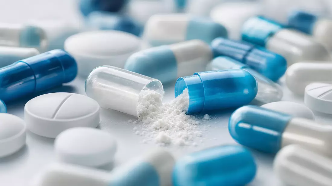 Makrofoto blauer und weißer Pharmakapseln von Gilead Sciences auf weißem Untergrund