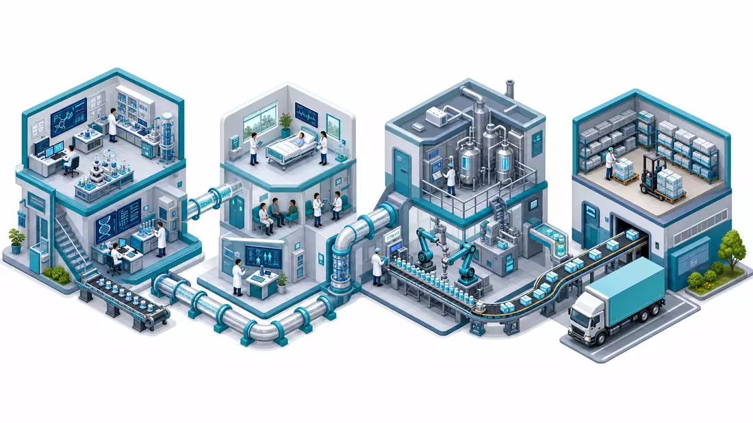 Isometrische 3D-Illustration der Gilead Sciences Biopharma-Wertschöpfungskette von Labor bis Vertrieb